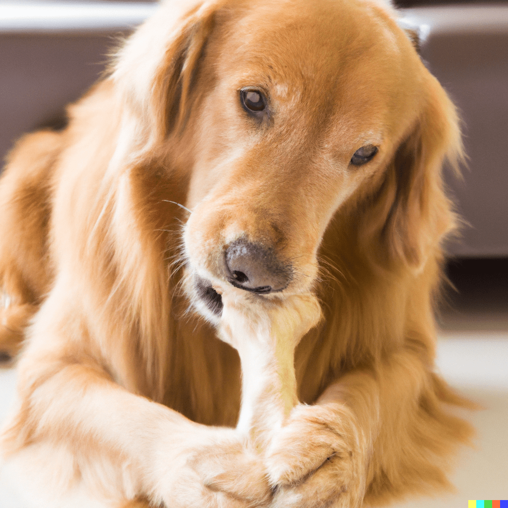 Golden retriever mangia l'osso di pollo